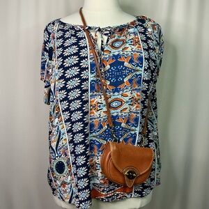 Ranlege Plus Size 2X Top Floral Blue and Orange‎ Paisley Women's Blouse